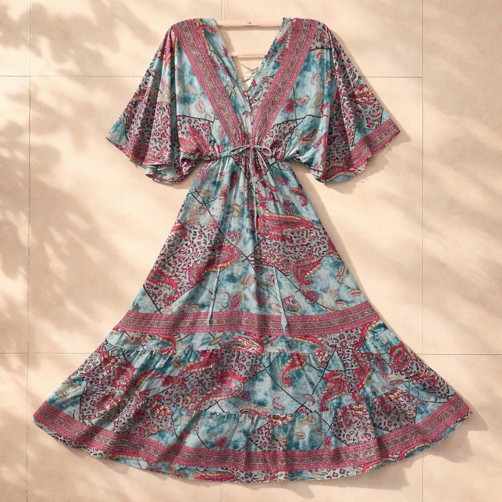 White Waves Maxi Dress Womens L Blue Pink Paisley Boho V-Neck Tie Back